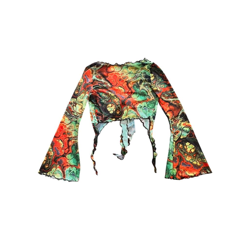Fairycore Psychedelic Marble Mesh Tie Front Bell Sleeve Top | S - Picture 2 of 3